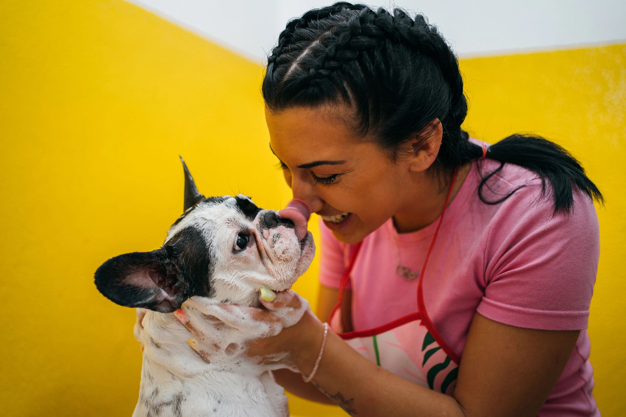 Dog enjoying a bath during grooming