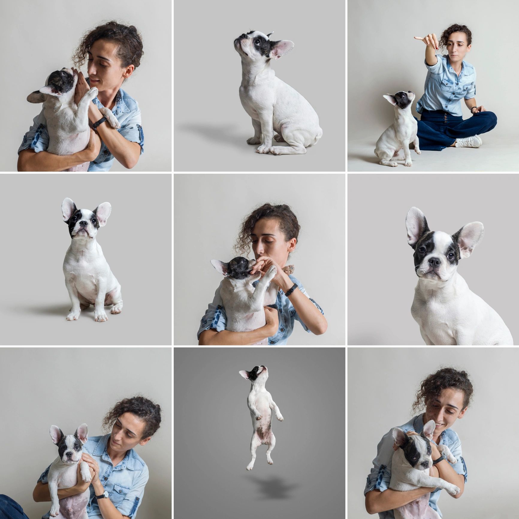 Happy pet owner with French Bulldog puppy
